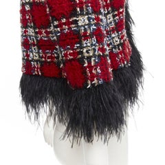 HALPERN 2022 red checked tweed black feather trim cropped jacket FR34 XS