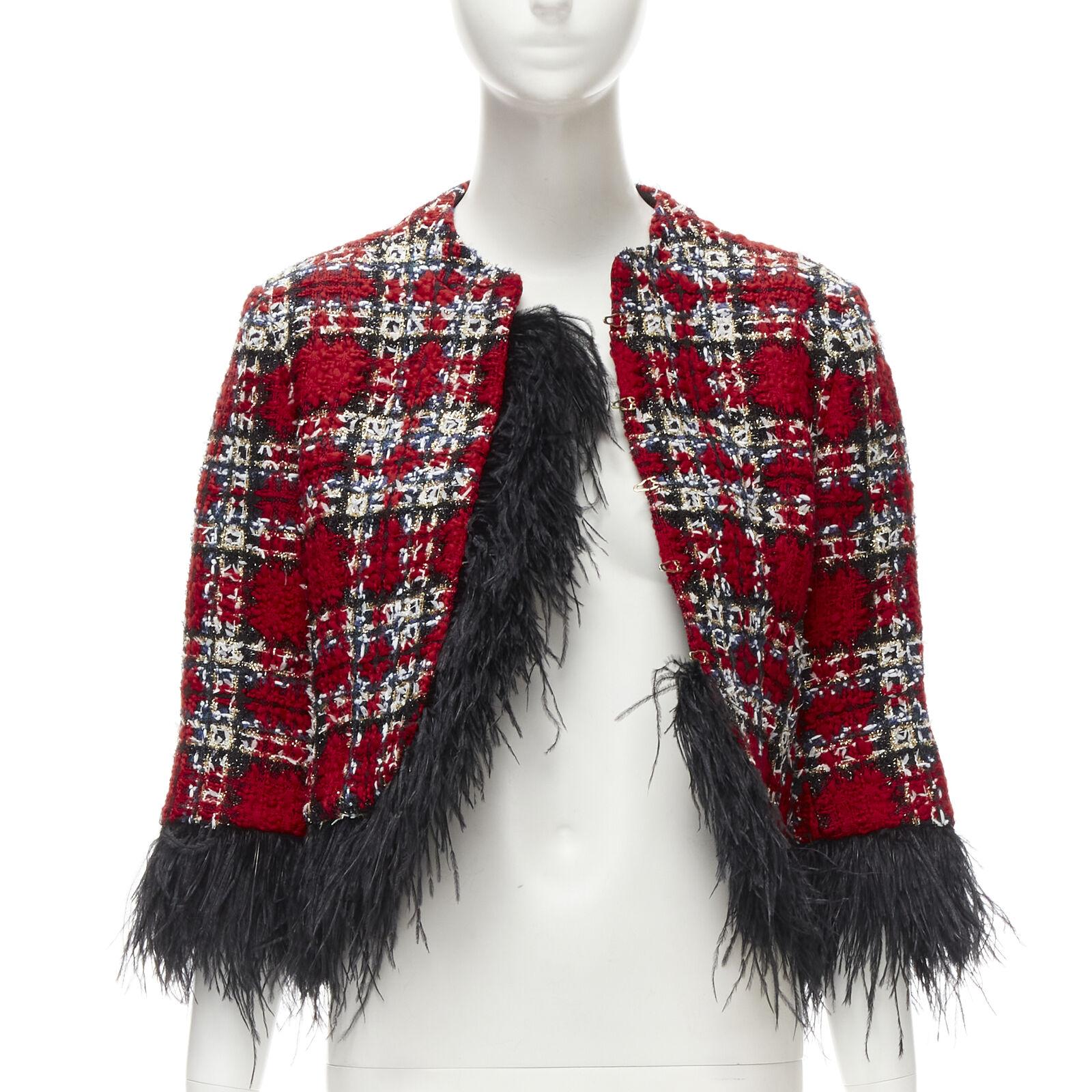 HALPERN 2022 red checked tweed black feather trim cropped jacket FR34 XS In Excellent Condition For Sale In Hong Kong, NT
