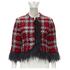 HALPERN 2022 red checked tweed black feather trim cropped jacket FR34 XS