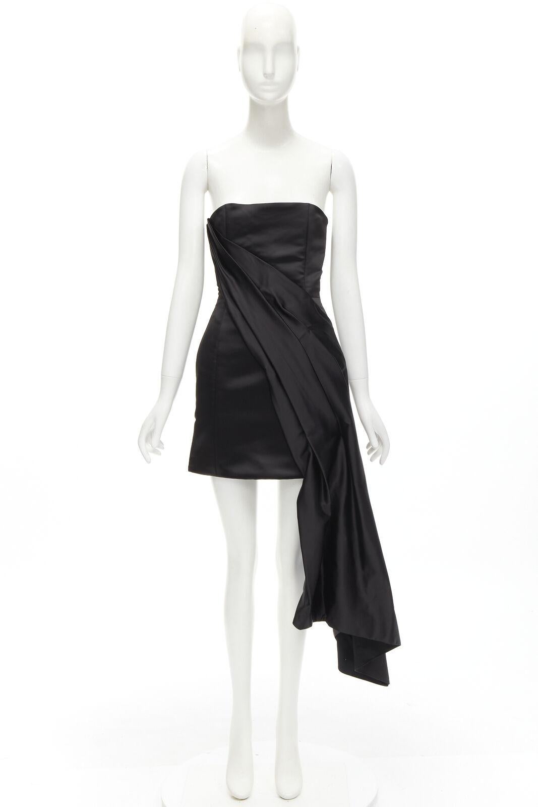 HALPERN black satin asymmetric draped bustier bodice mini dress FR36 XS For Sale 5