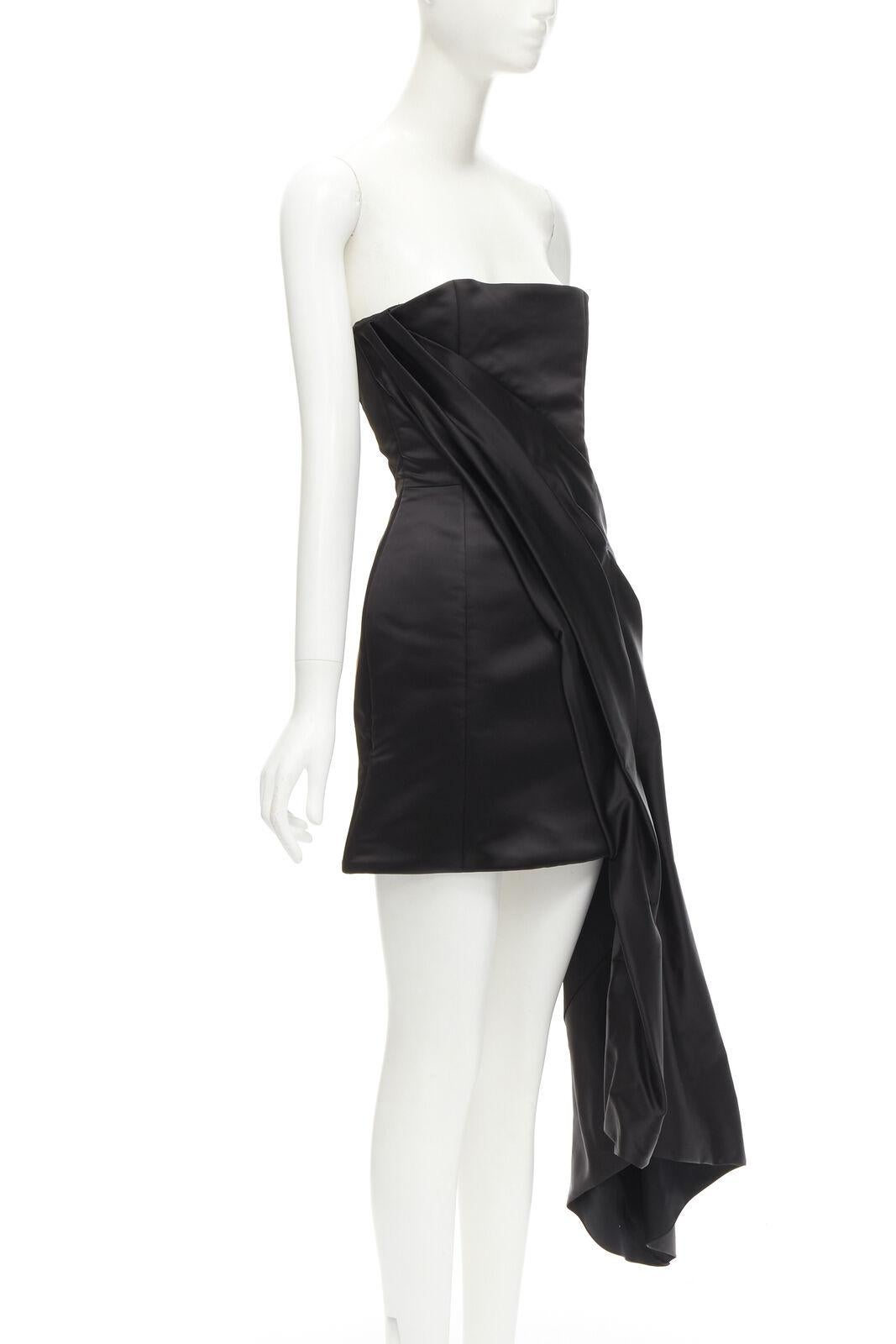 Black HALPERN black satin asymmetric draped bustier bodice mini dress FR36 XS For Sale