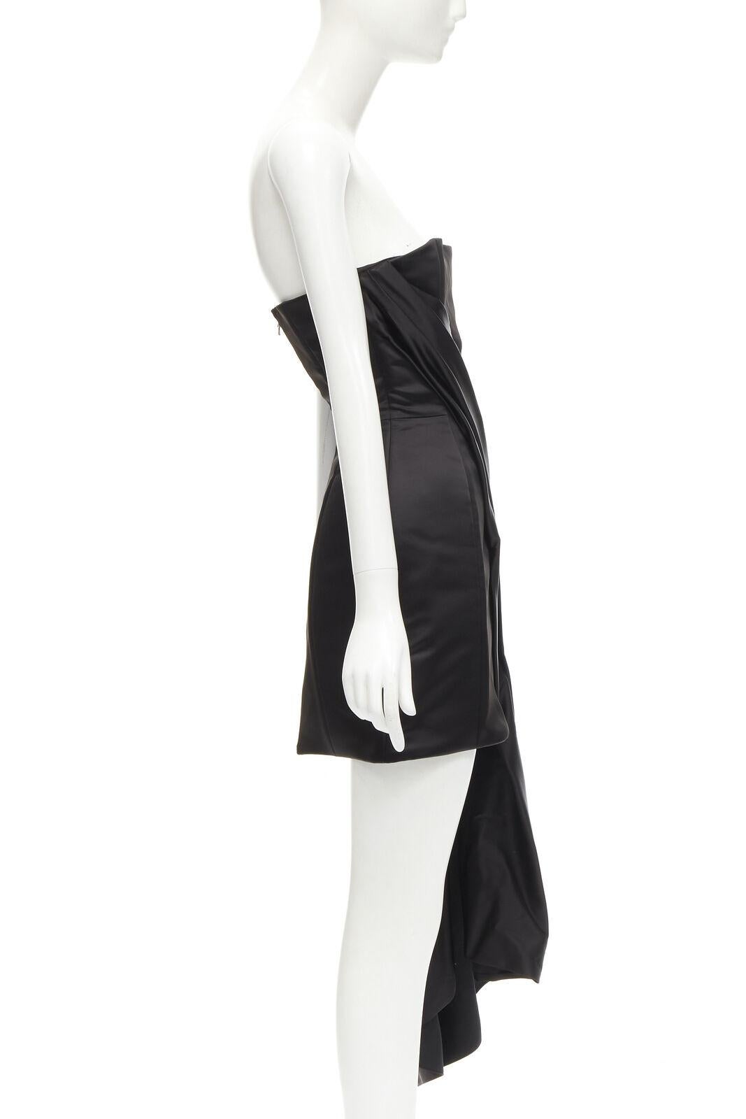 HALPERN black satin asymmetric draped bustier bodice mini dress FR36 XS In Excellent Condition For Sale In Hong Kong, NT