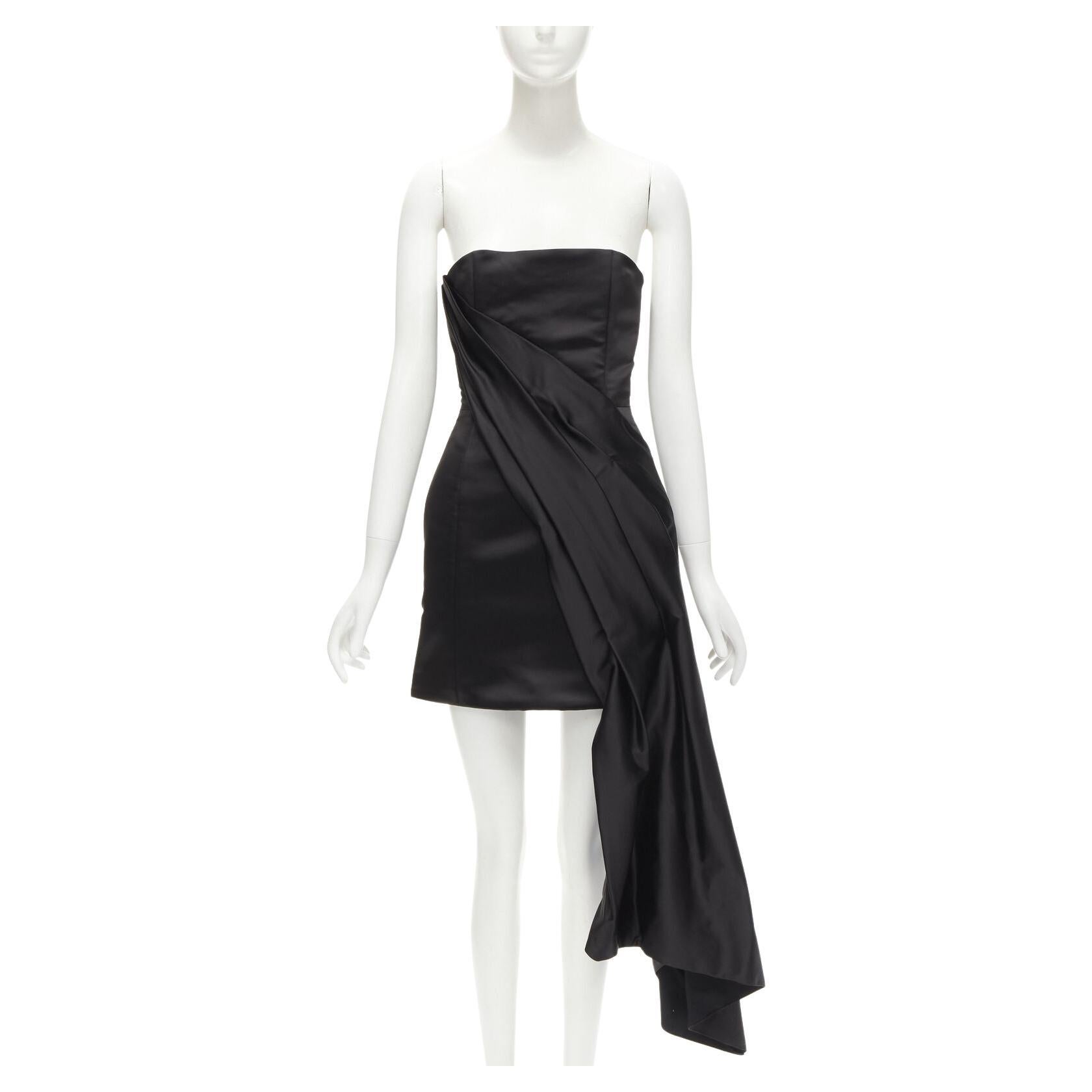 HALPERN black satin asymmetric draped bustier bodice mini dress FR36 XS For Sale