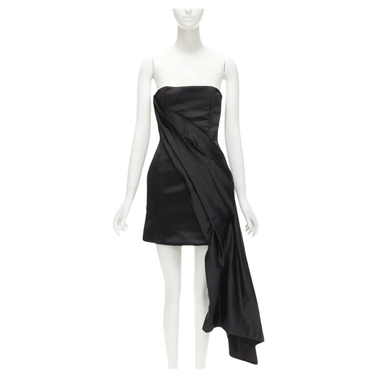 HALPERN black satin asymmetric draped bustier bodice mini dress FR36 XS For Sale
