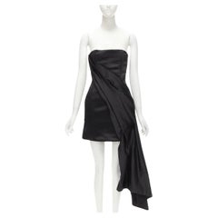 HALPERN black satin asymmetric draped bustier bodice mini dress FR36 XS