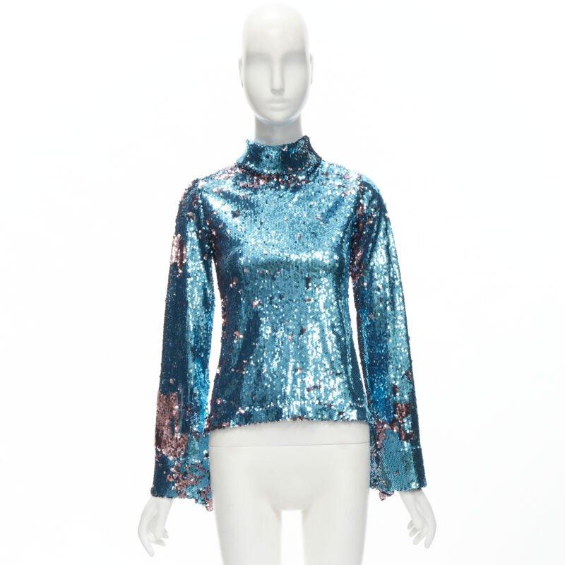HALPERN Blauer lila doppelseitiger Rollkragenpullover mit ausgestellten Ärmeln FR34 XS im Angebot 6