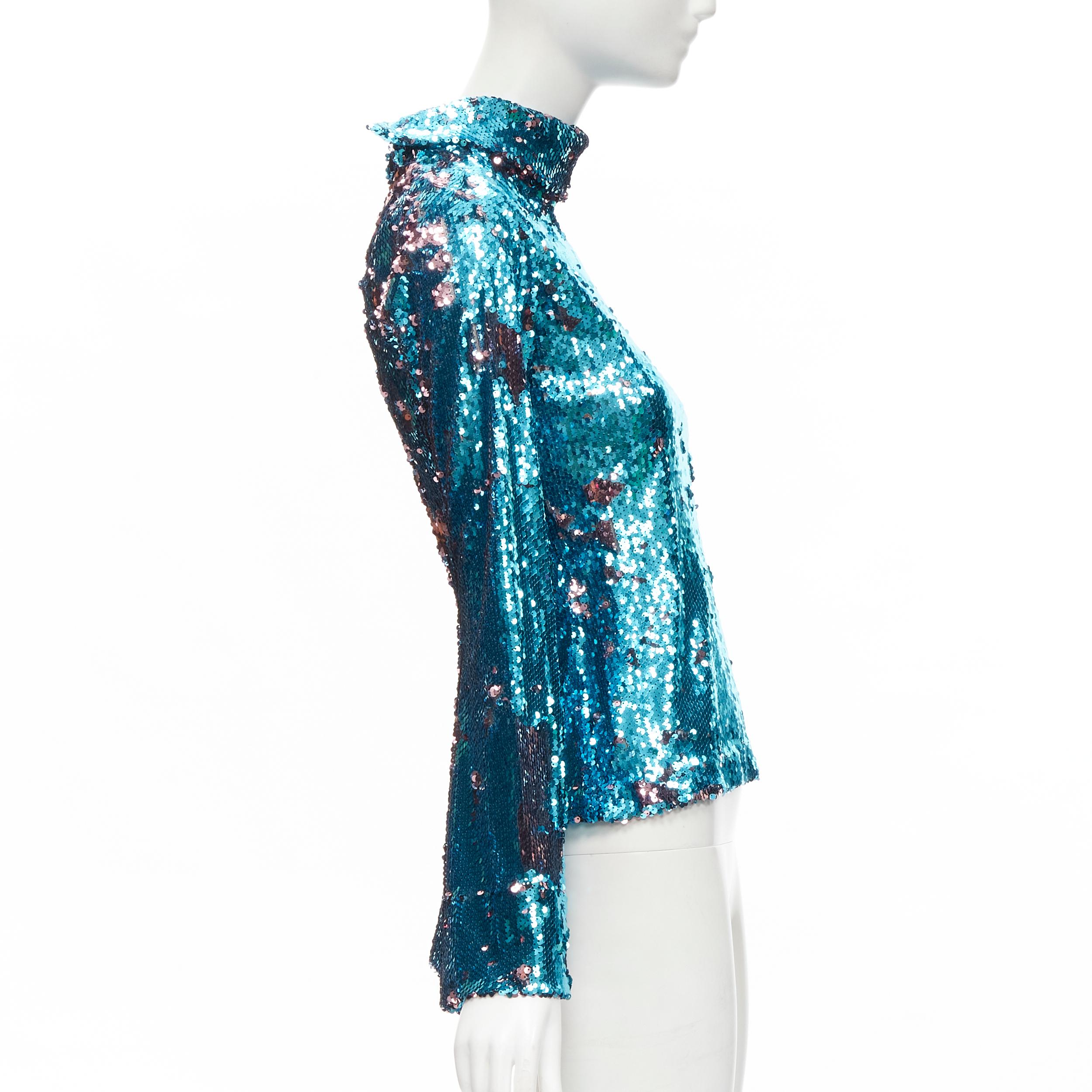 HALPERN blue purple double faced sequins turtleneck flared sleeve top FR34 XS In Excellent Condition For Sale In Hong Kong, NT