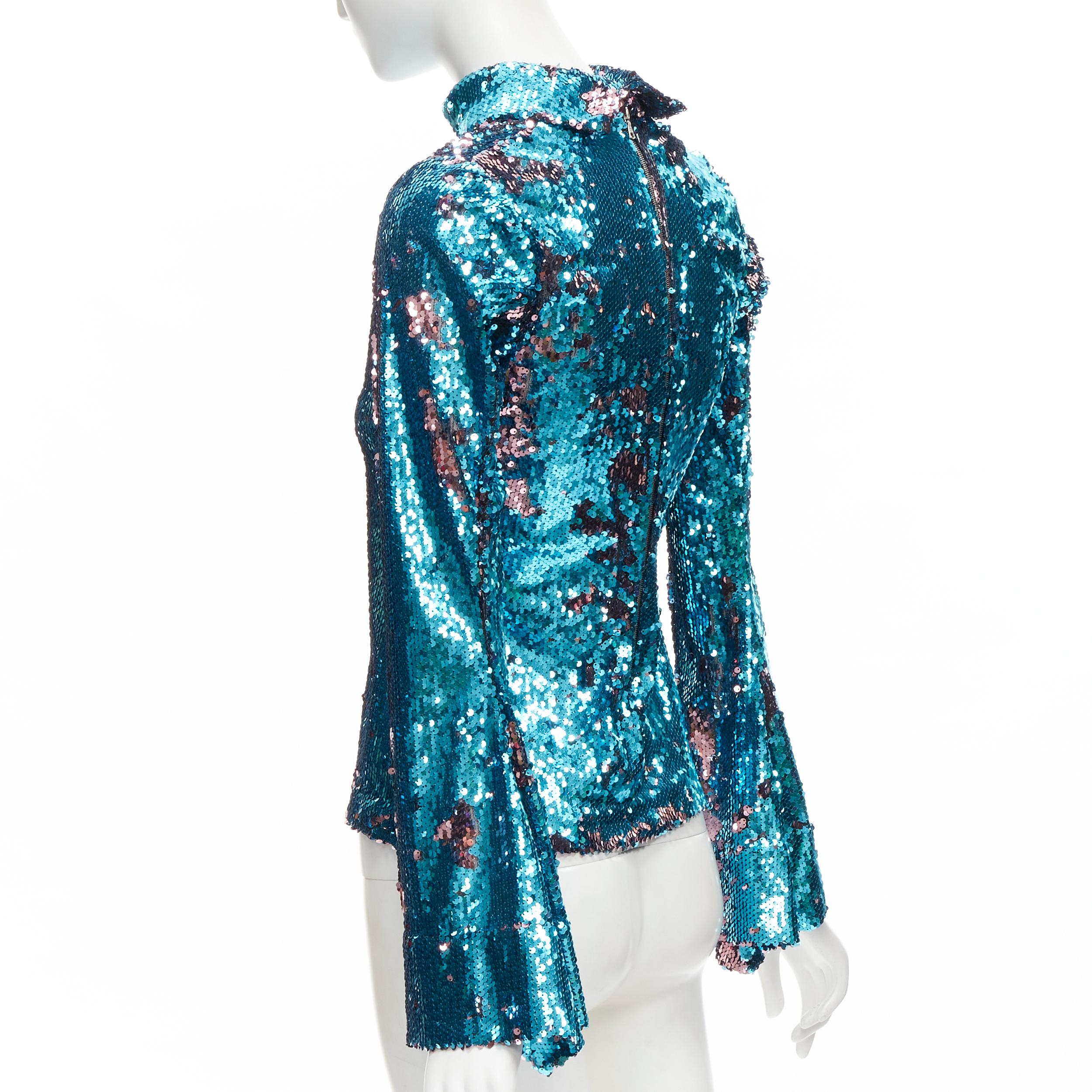 HALPERN blue purple double faced sequins turtleneck flared sleeve top FR34 XS For Sale 1
