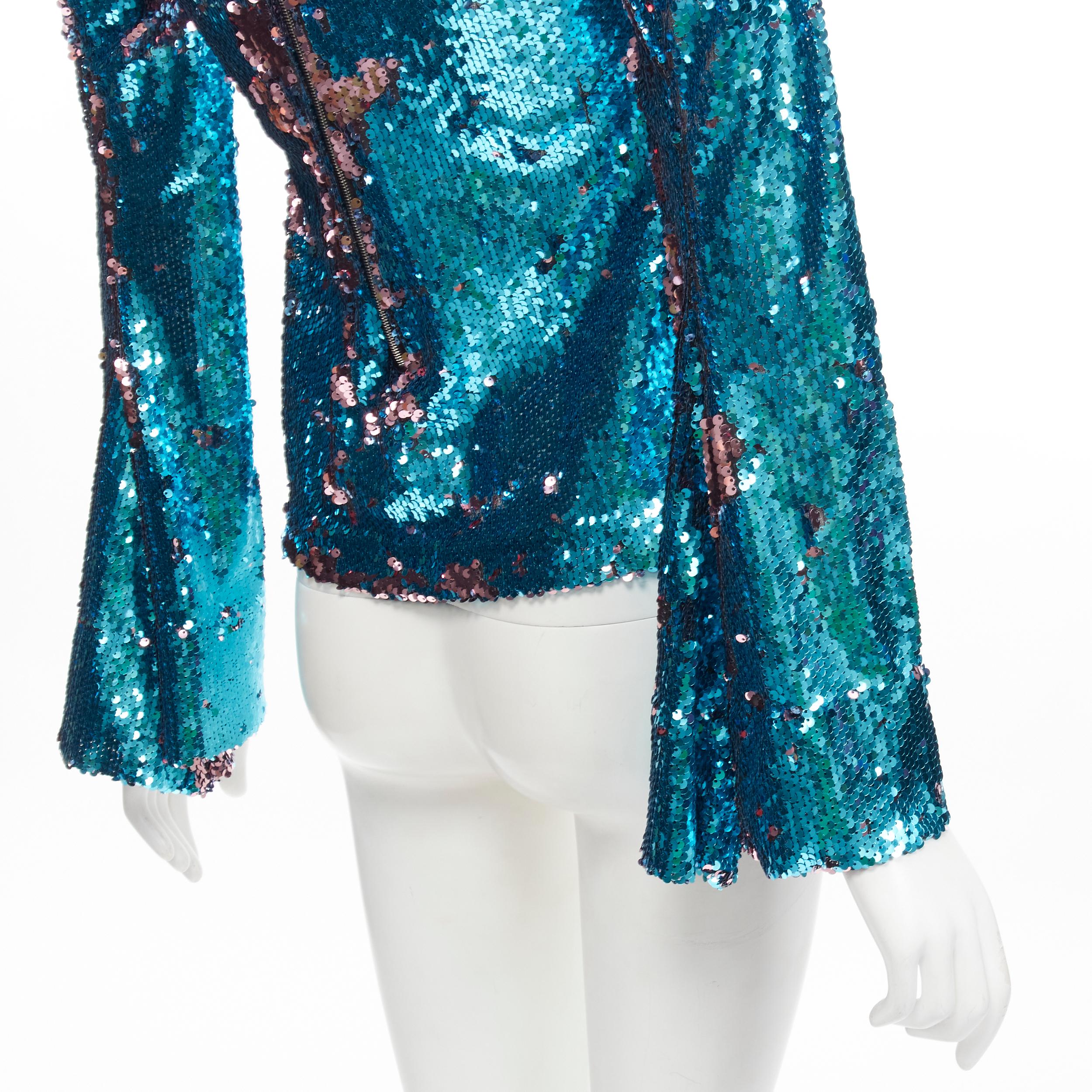 HALPERN blue purple double faced sequins turtleneck flared sleeve top FR34 XS For Sale 3