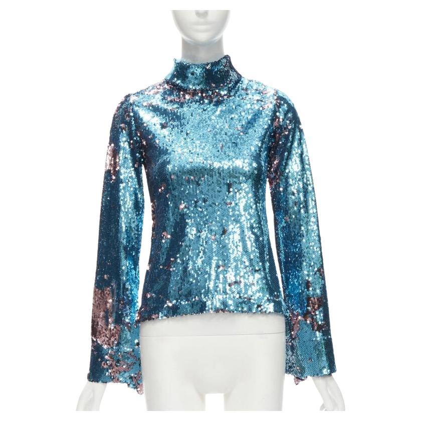 HALPERN top à col roulé et manches évasées en paillettes double face bleu violet FR34 XS