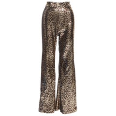 HALPERN dorado marrón leopardo lunares lentejuelas adornado pantalones acampanados de pierna ancha Fr34