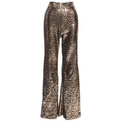 HALPERN gold brown leopard spot sequins embellished wide leg flared pants Fr34