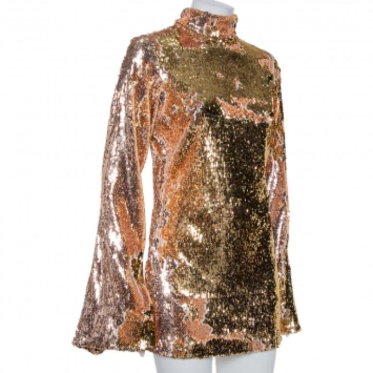 Halpern Gold Sequin Embellished Knit Bell Sleeve Detail Mini Dress S For Sale 1