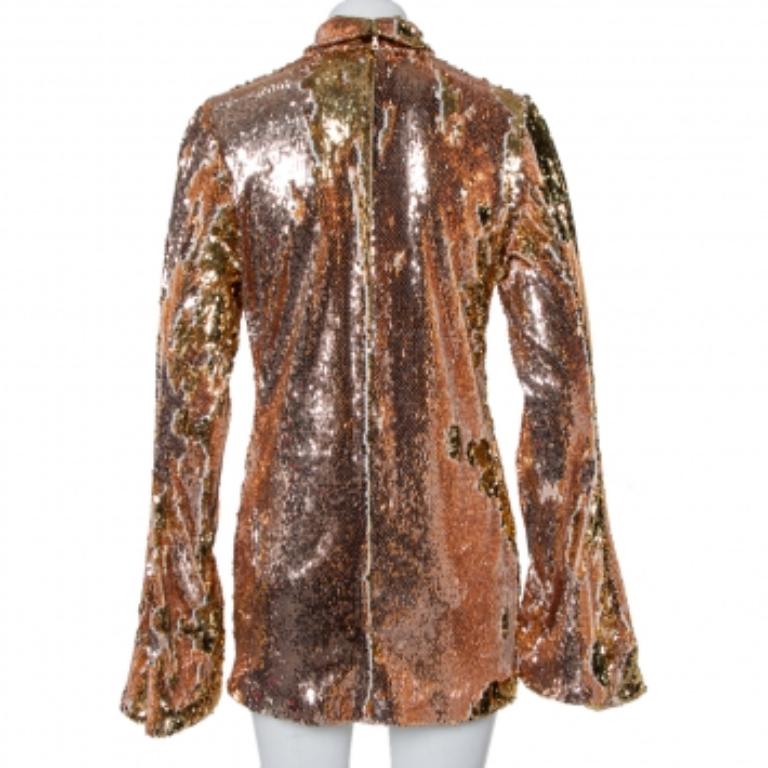 Halpern Gold Sequin Embellished Knit Bell Sleeve Detail Mini Dress S For Sale 2