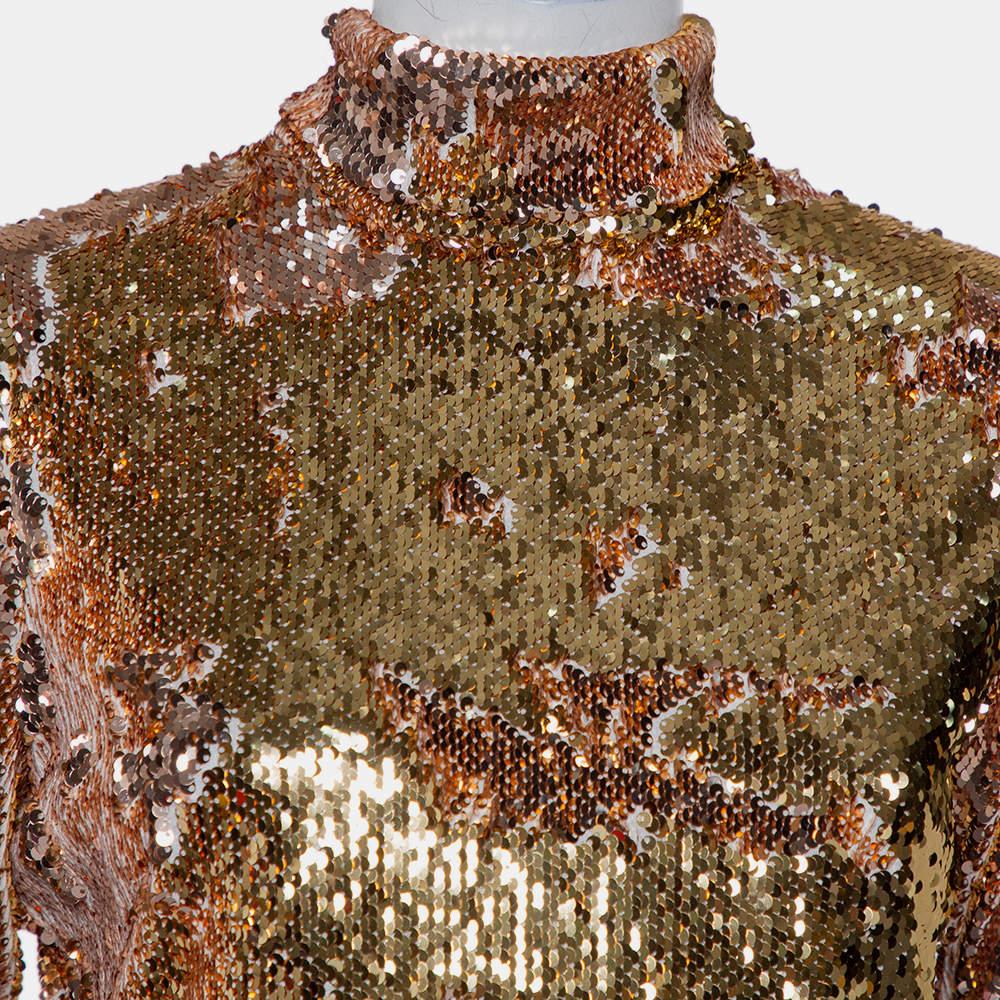 Halpern Gold Sequin Embellished Knit Bell Sleeve Detail Mini Dress S For Sale 2