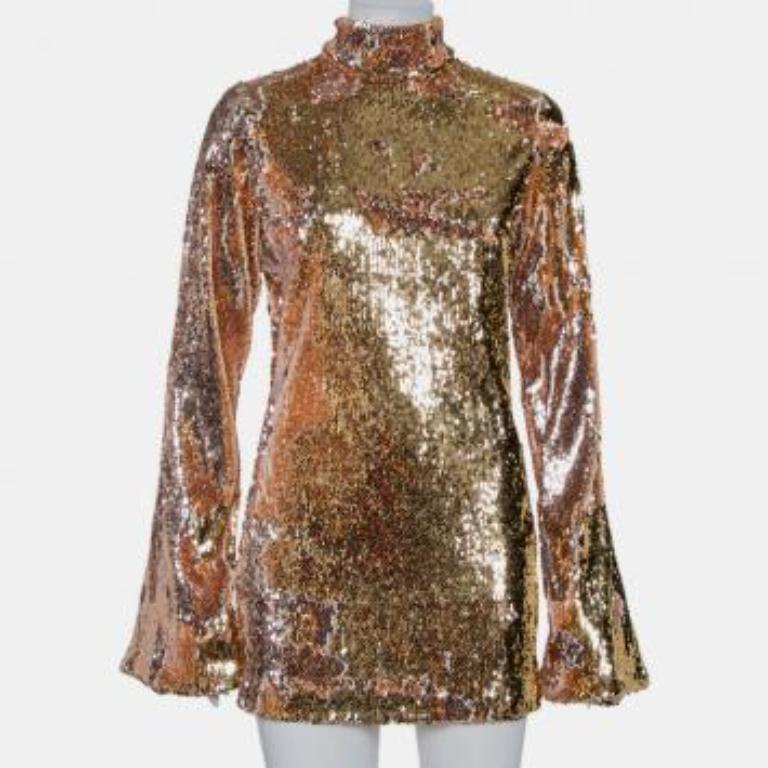 Halpern Gold Sequin Embellished Knit Bell Sleeve Detail Mini Dress S For Sale 4
