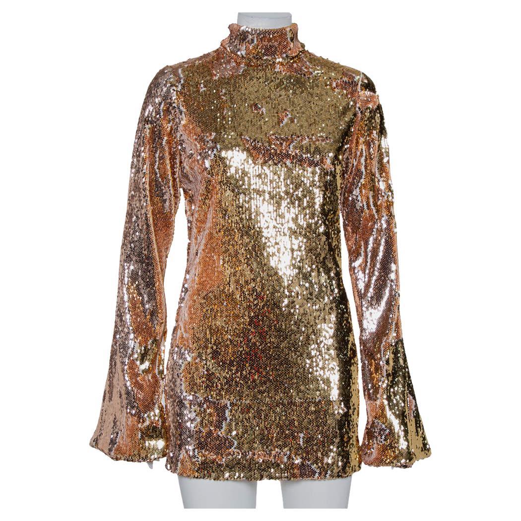 Halpern Gold Sequin Embellished Knit Bell Sleeve Detail Mini Dress S For Sale