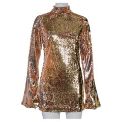Halpern Gold Sequin Embellished Knit Bell Sleeve Detail Mini Dress S