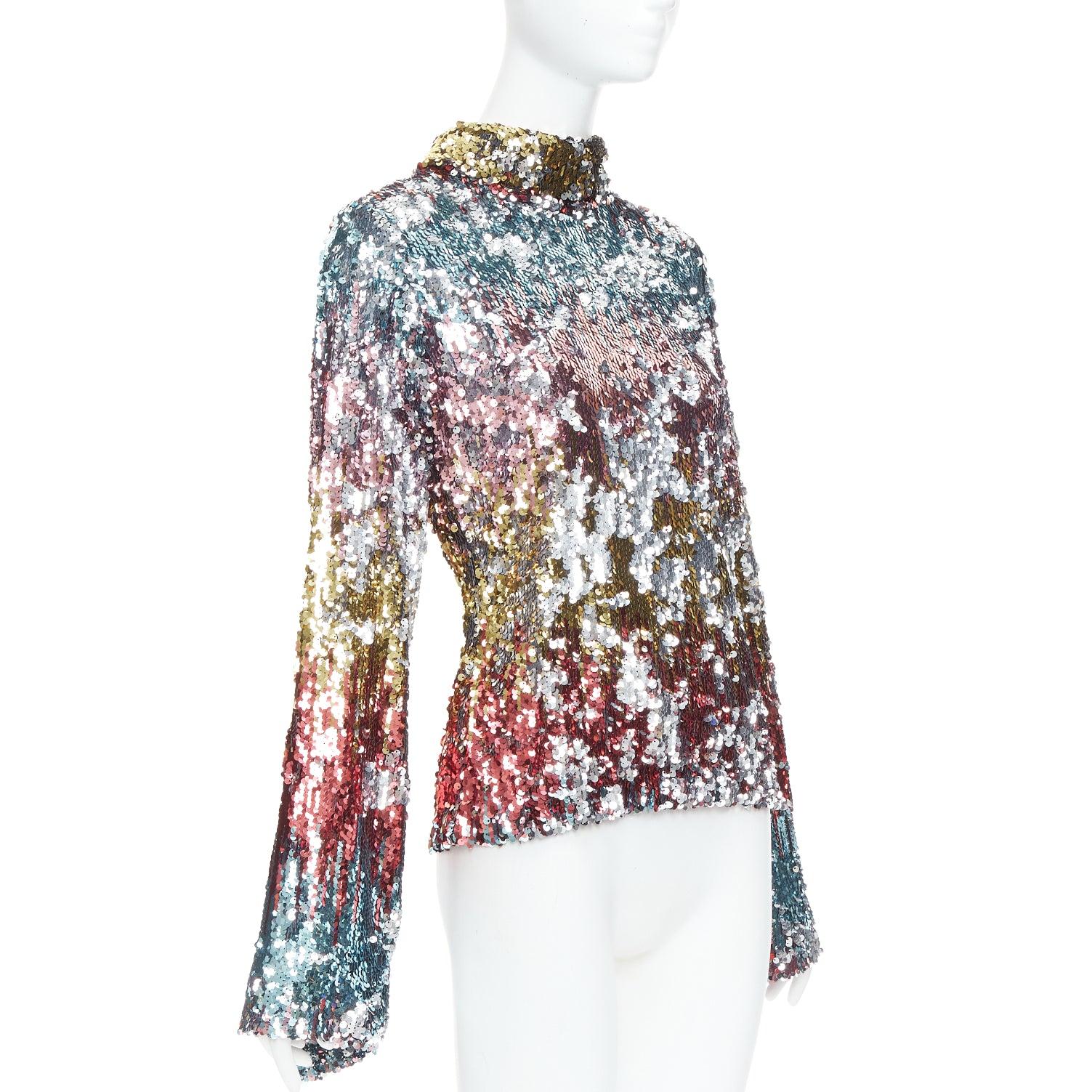 Gris HALPERN haut de soirée à manches évasées et col en entonnoir pailleté multicolore FR40 L en vente