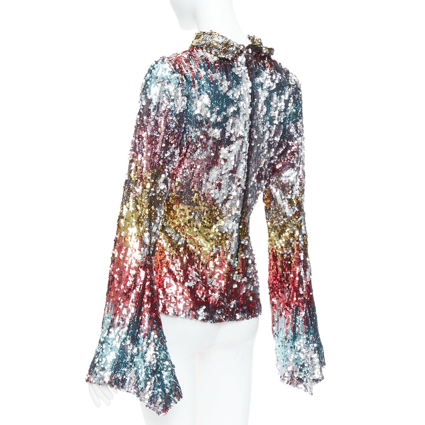 HALPERN haut de soirée à manches évasées et col en entonnoir pailleté multicolore FR40 L en vente 1