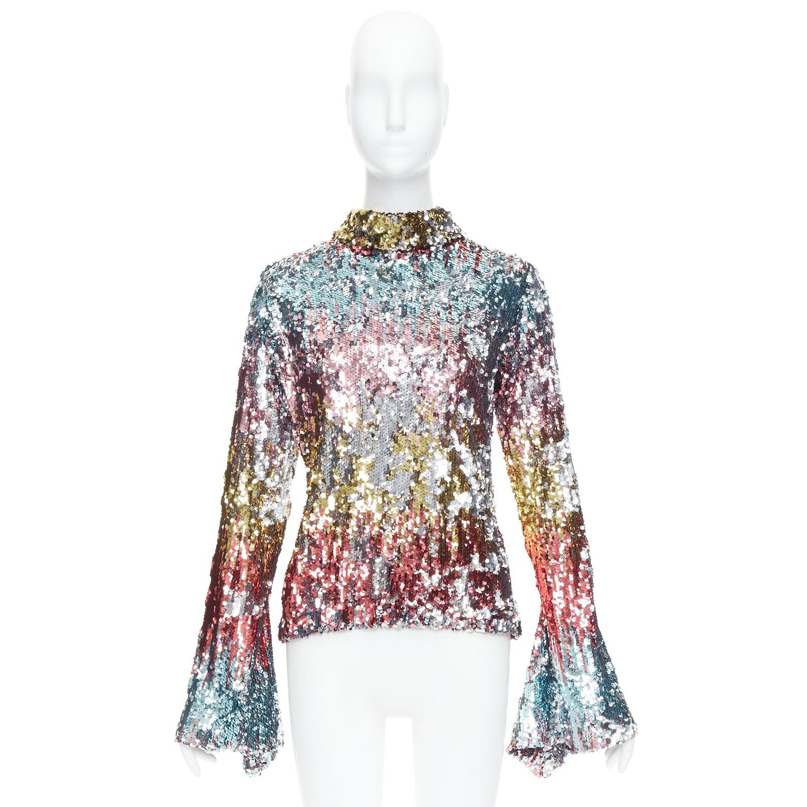 HALPERN haut de soirée à manches évasées et col en entonnoir pailleté multicolore FR40 L en vente 4