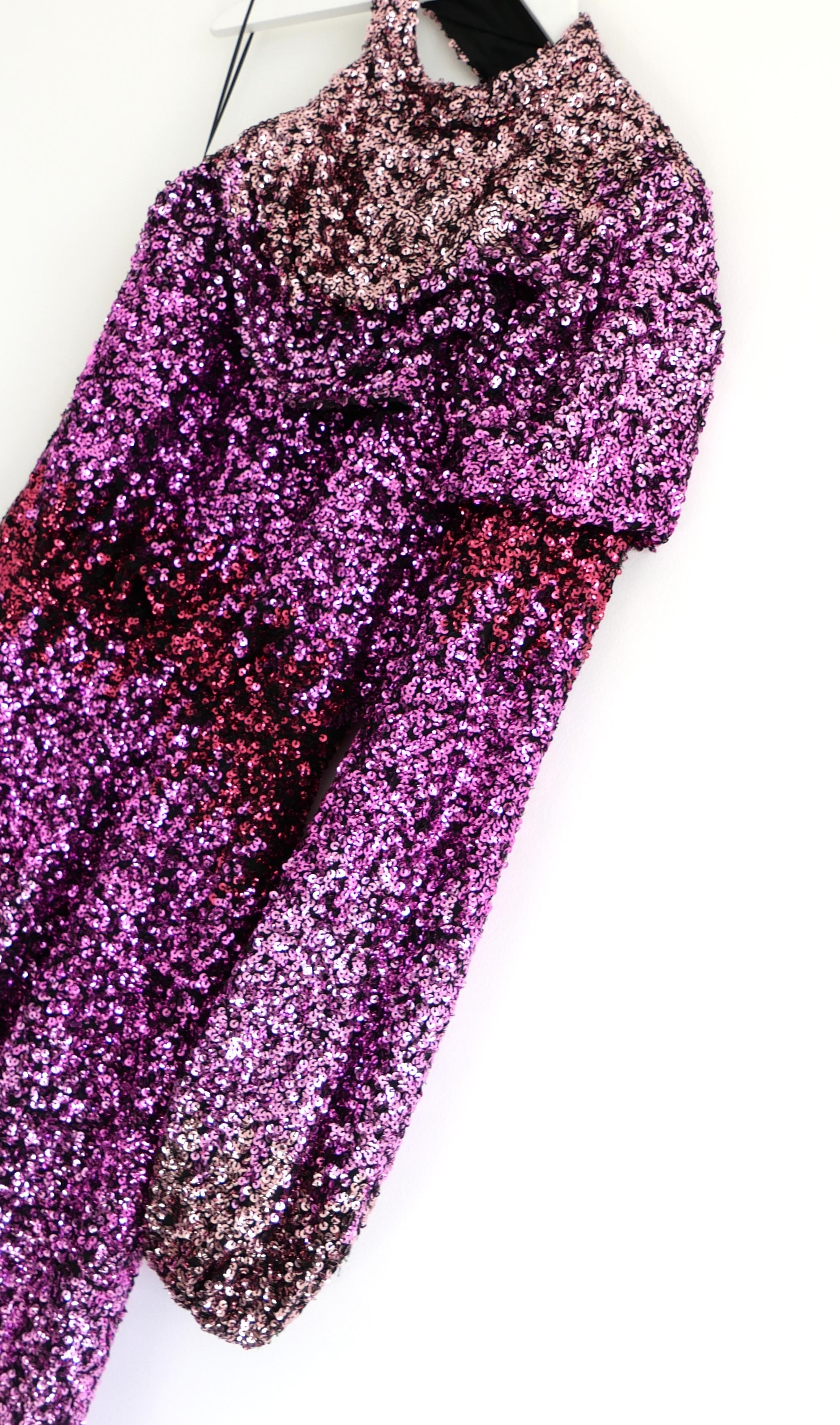 Stunning Halpern pink ombre sequin dress - bought for £1500 and worn once. Made from soft polyester mesh with a full pink degree sequin embellishment. It has a 1790s inspired cut with single sleeve, high neck with button fastening, open back and