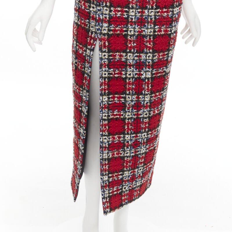 HALPERN red plaid check tweed high slit pencil midi skirt FR34 XS
Reference: AAWC/A00350
Brand: Halpern
Material: Wool, Blend
Color: Red
Pattern: Plaid
Closure: Zip
Lining:  Fabric
Made in: United Kingdom

CONDITION:
Condition: Excellent, this item