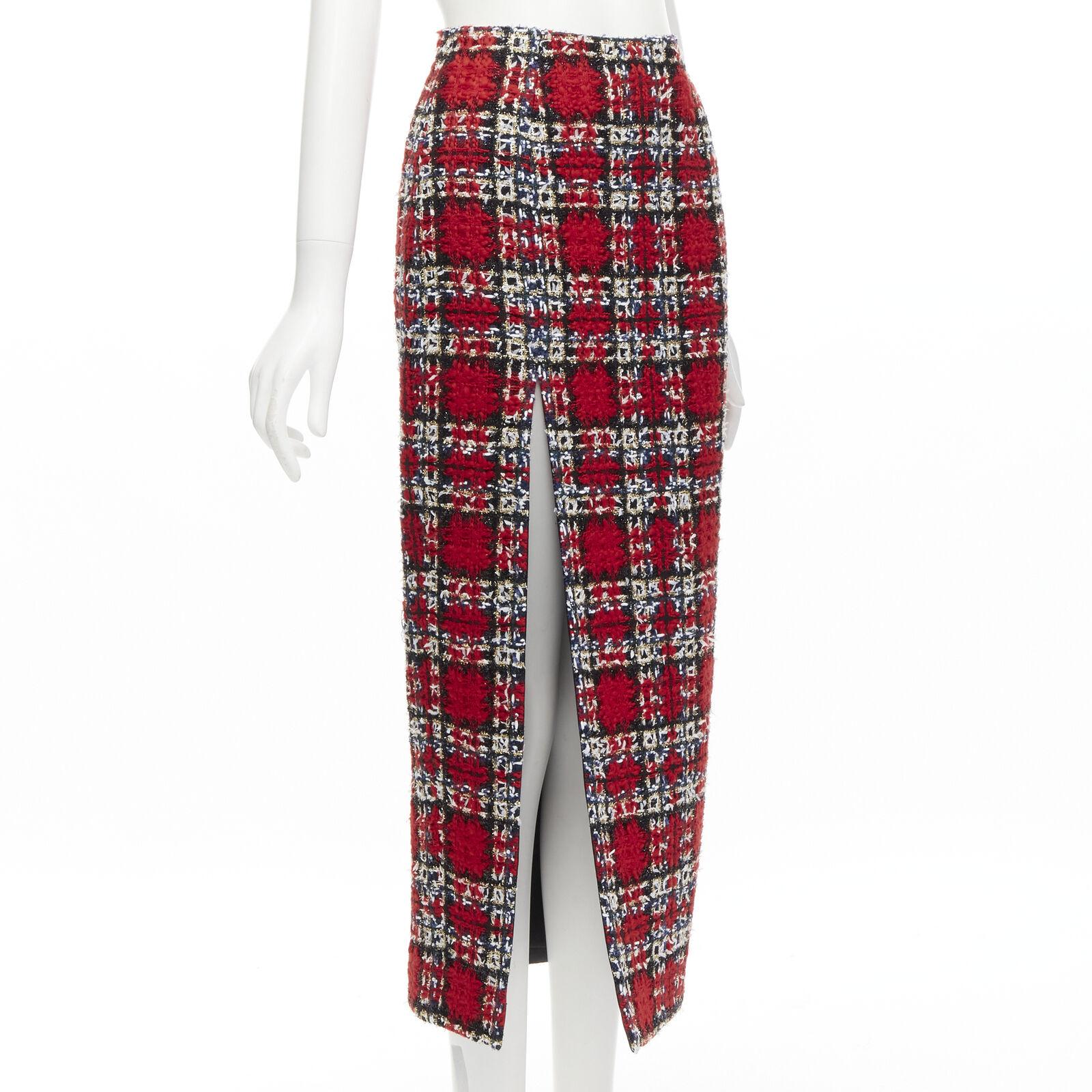 Brown HALPERN red plaid check tweed high slit pencil midi skirt FR34 XS For Sale