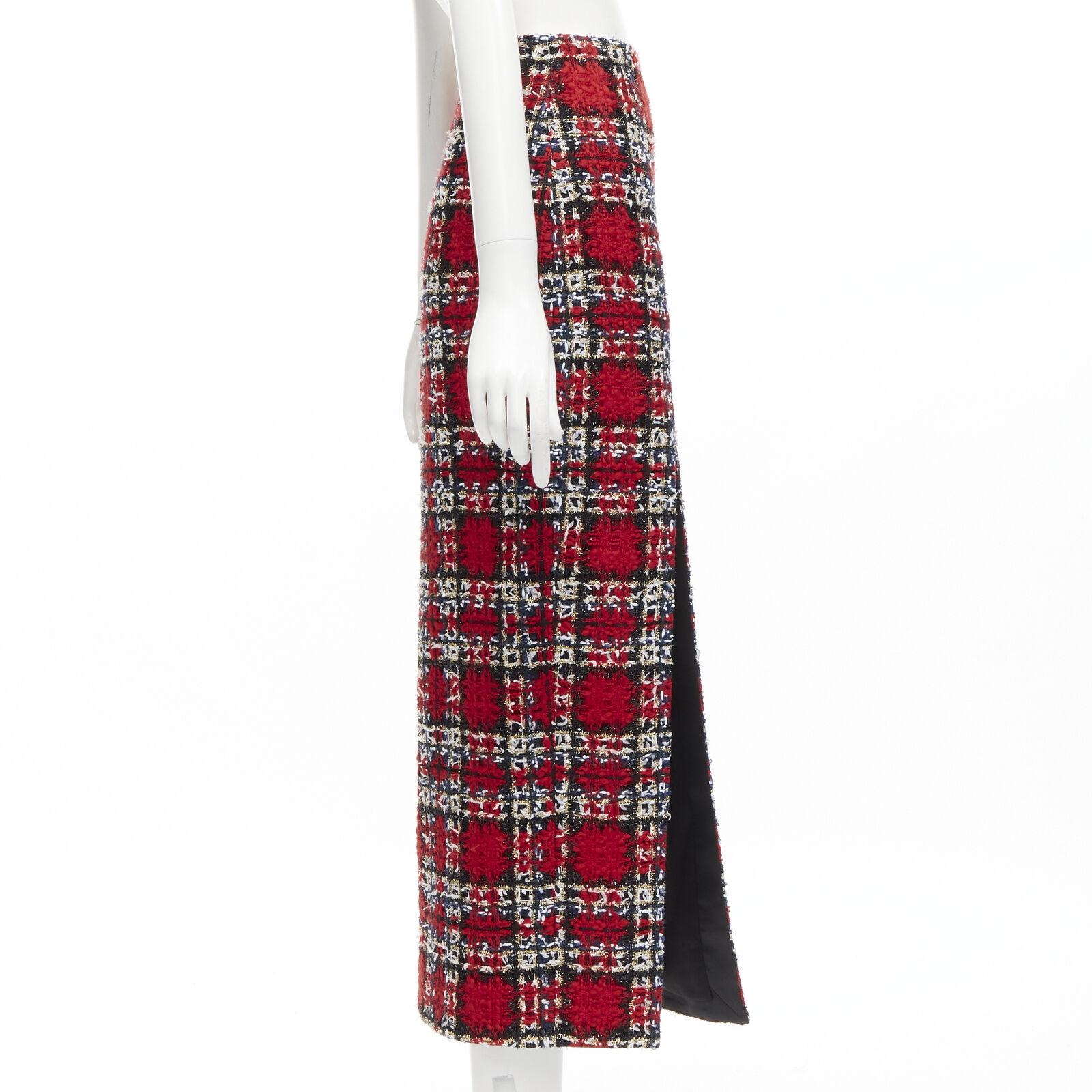 HALPERN red plaid check tweed high slit pencil midi skirt FR34 XS In Excellent Condition For Sale In Hong Kong, NT