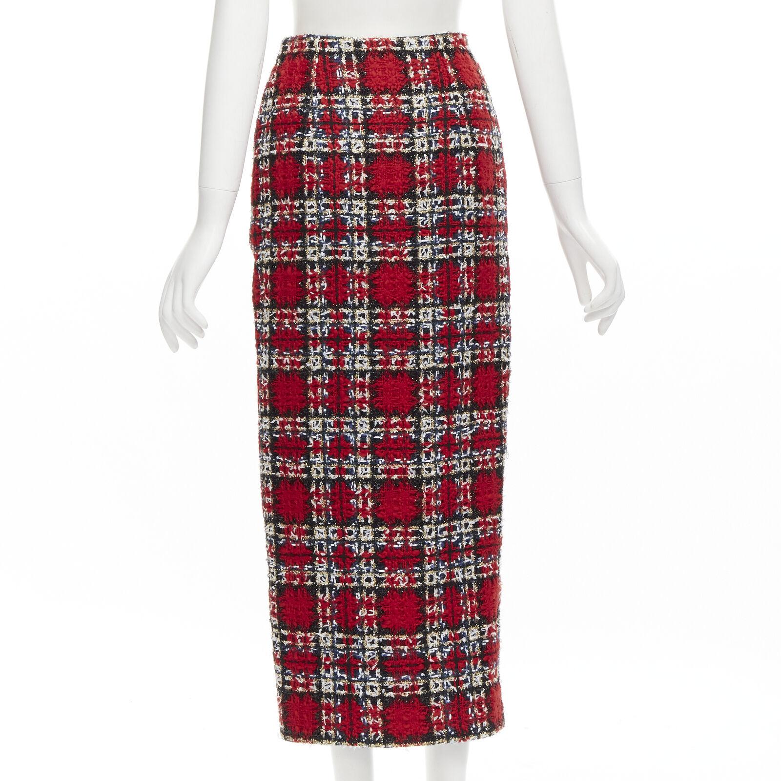 Women's HALPERN red plaid check tweed high slit pencil midi skirt FR34 XS For Sale