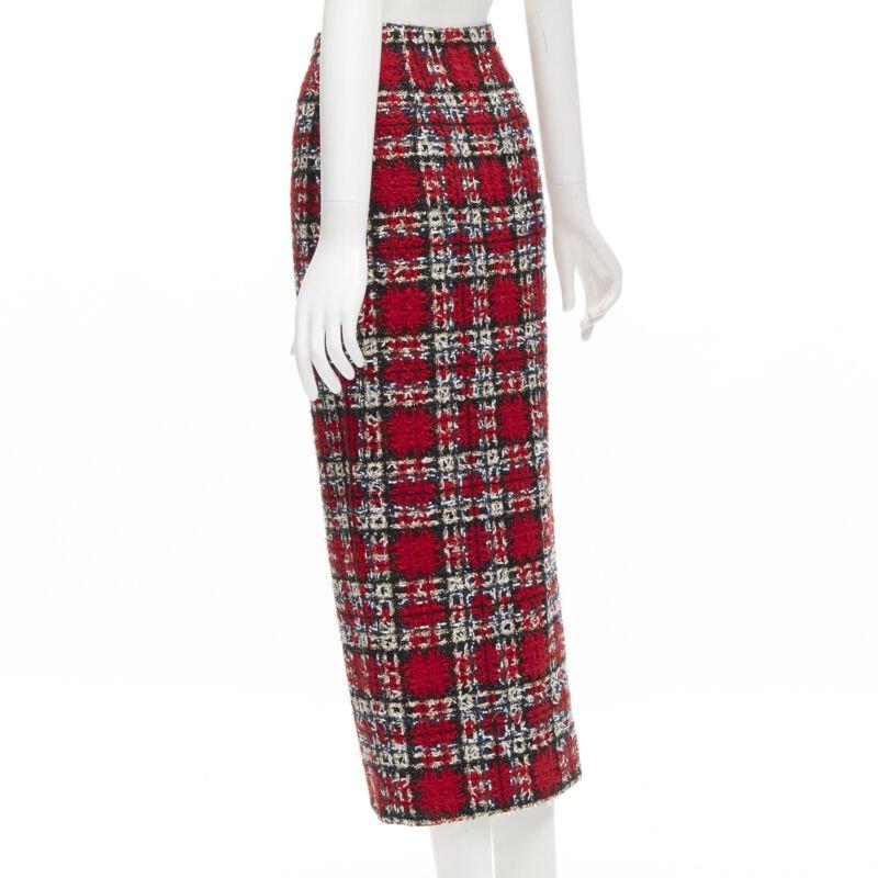 HALPERN red plaid check tweed high slit pencil midi skirt FR34 XS For Sale 1
