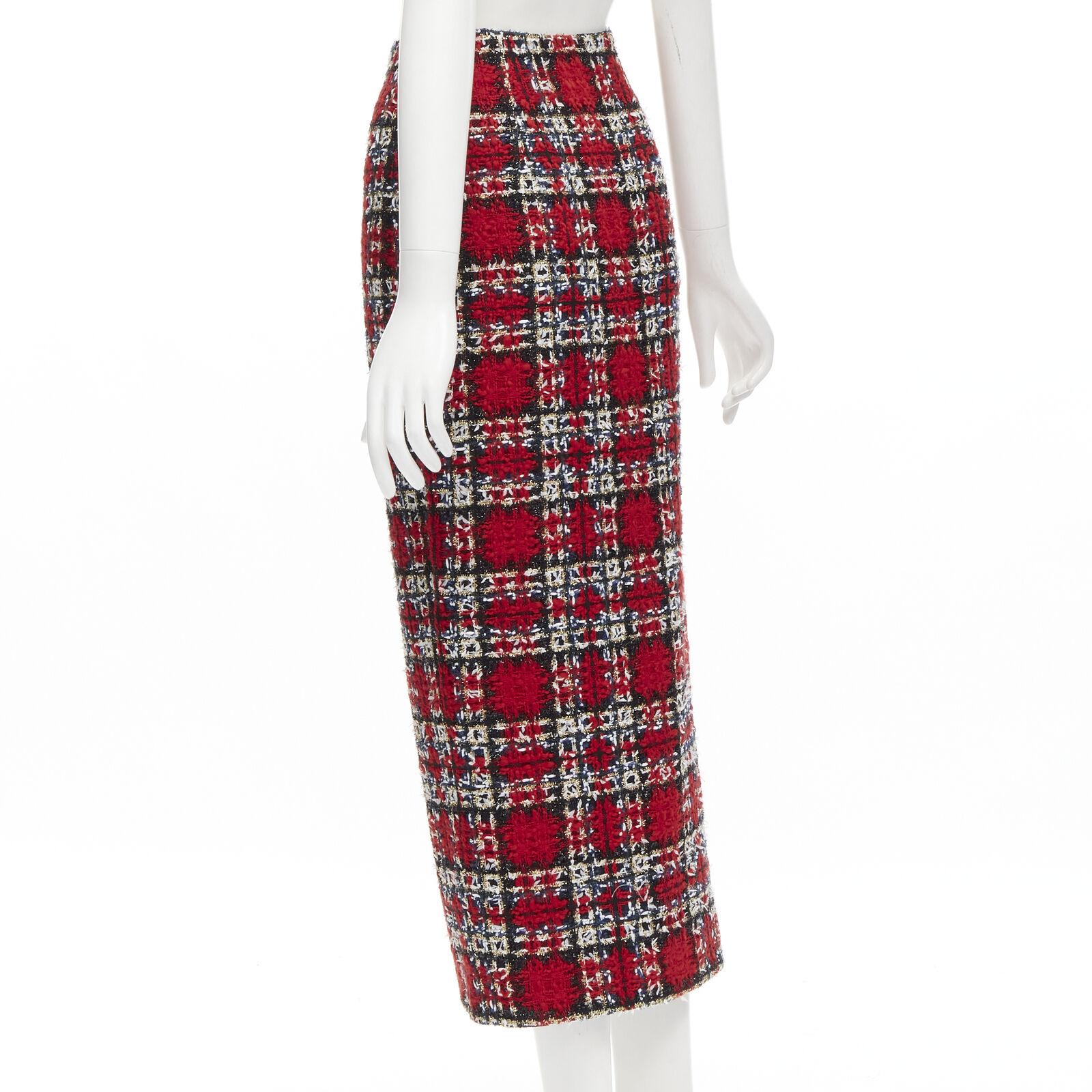 HALPERN red plaid check tweed high slit pencil midi skirt FR34 XS For Sale 1