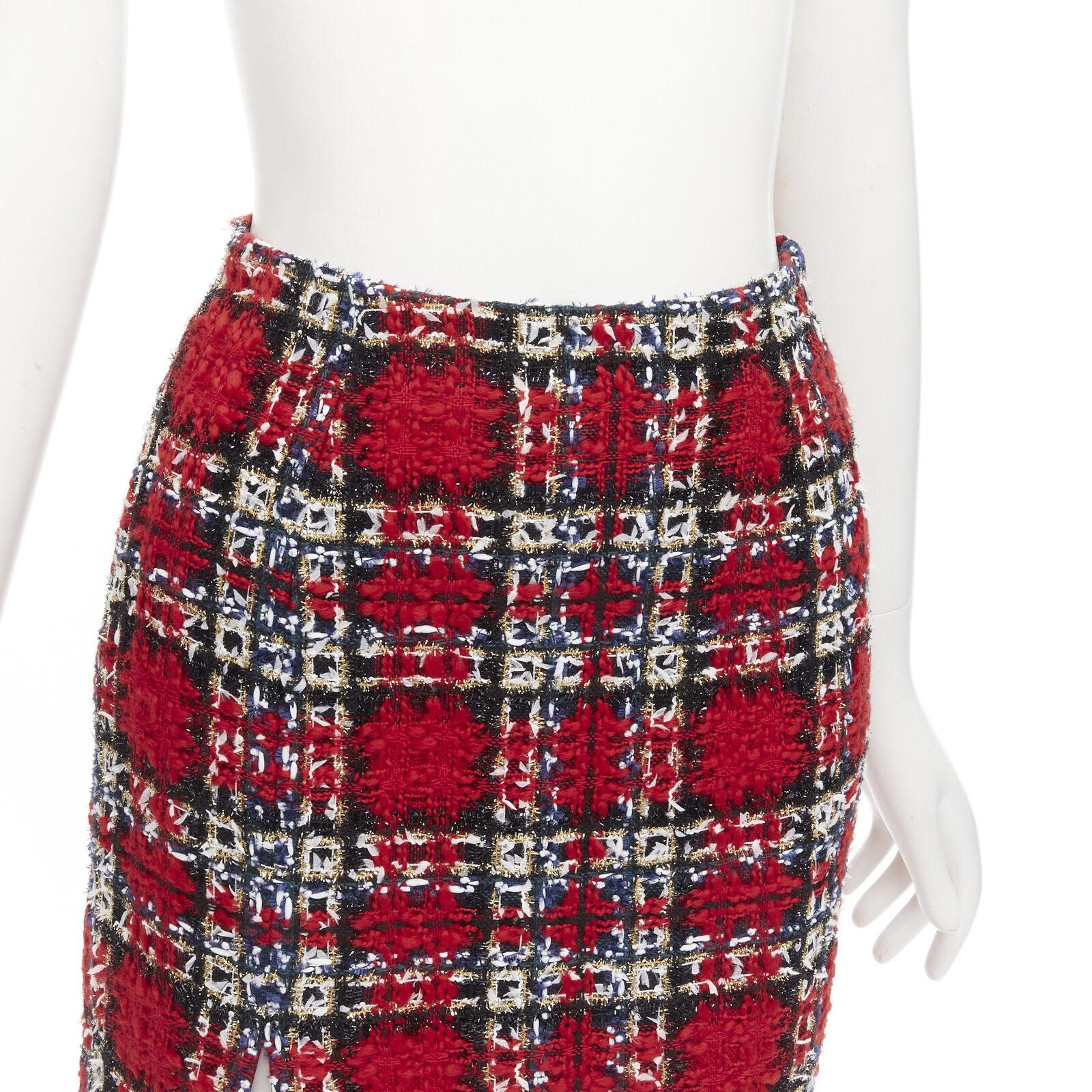 HALPERN red plaid check tweed high slit pencil midi skirt FR34 XS For Sale 2