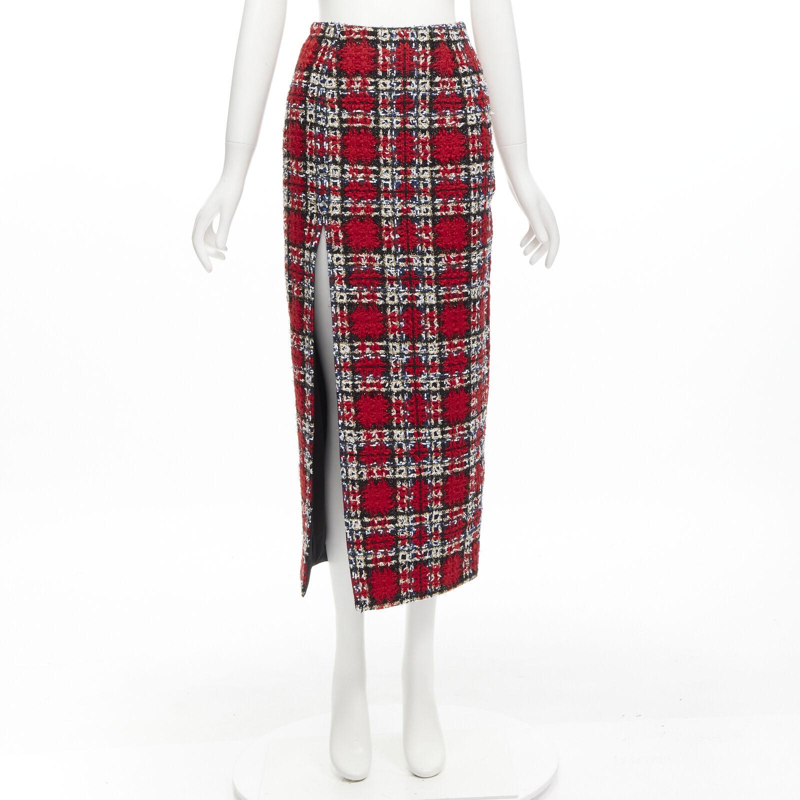 HALPERN red plaid check tweed high slit pencil midi skirt FR34 XS For Sale 4