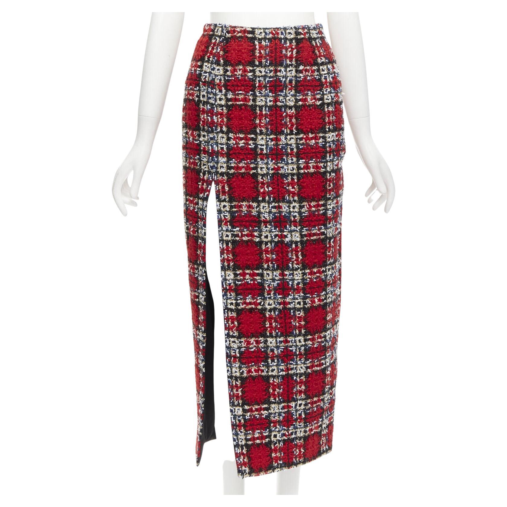 HALPERN red plaid check tweed high slit pencil midi skirt FR34 XS For Sale