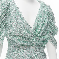 HALPERN seafoam green silver sequins deep V puff sleeves top FR36 XS