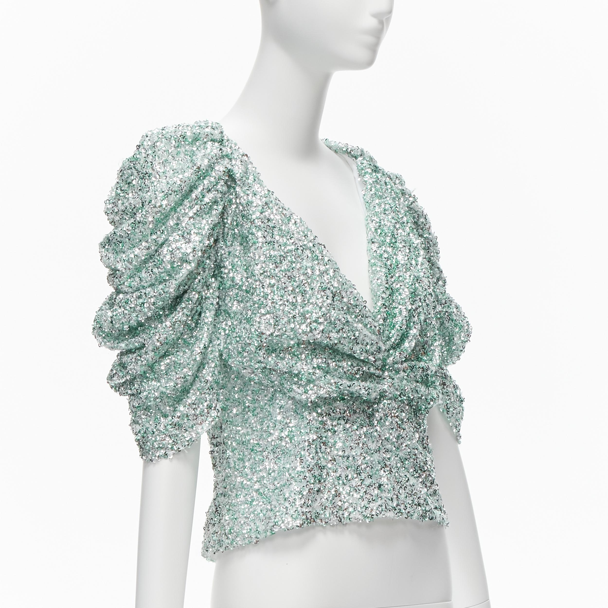 Gris HALPERN - Haut à manches bouffantes en V profond avec sequins argentés vert écume de mer FR36 XS en vente