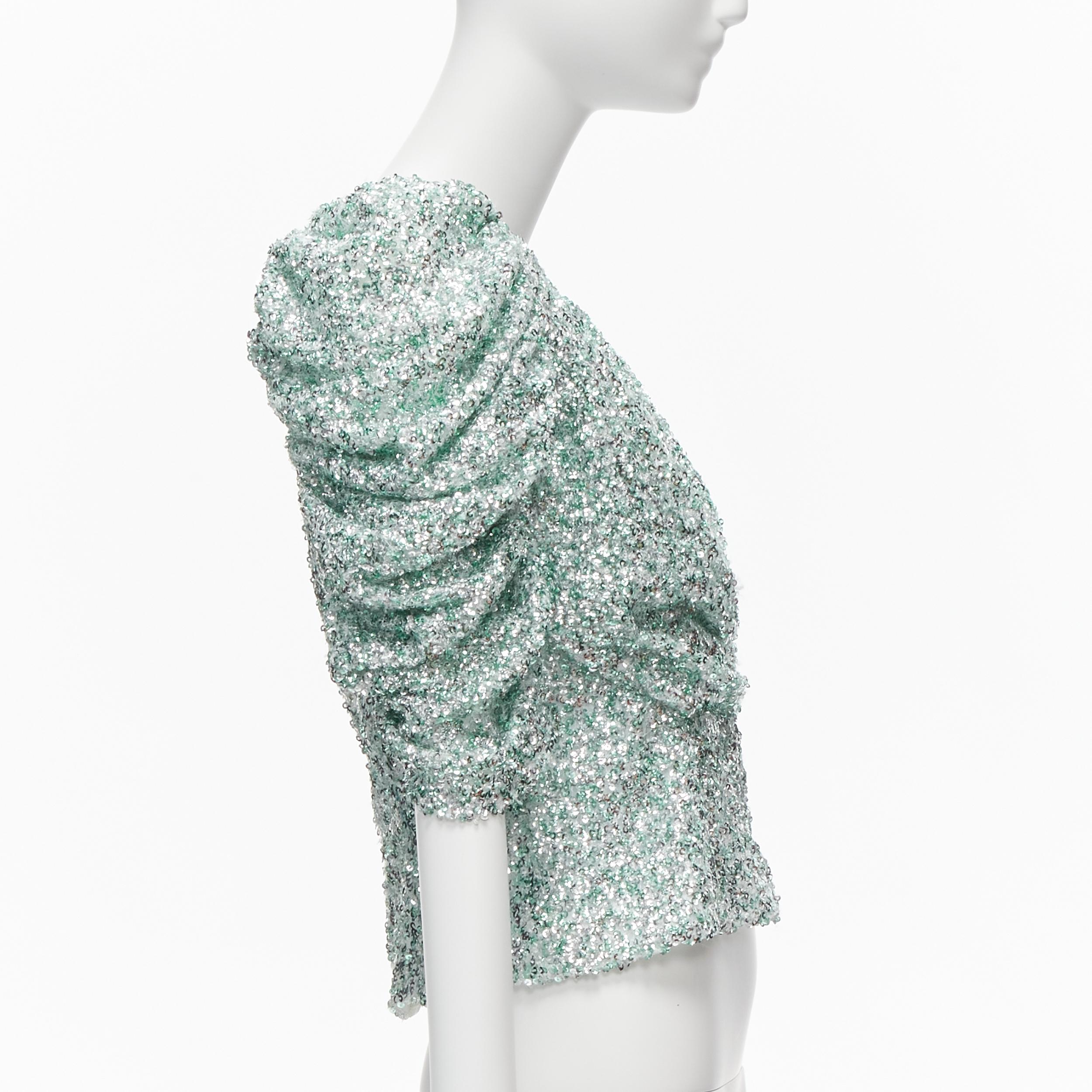 HALPERN seafoam green silver sequins deep V puff sleeves top FR36 XS In Excellent Condition For Sale In Hong Kong, NT