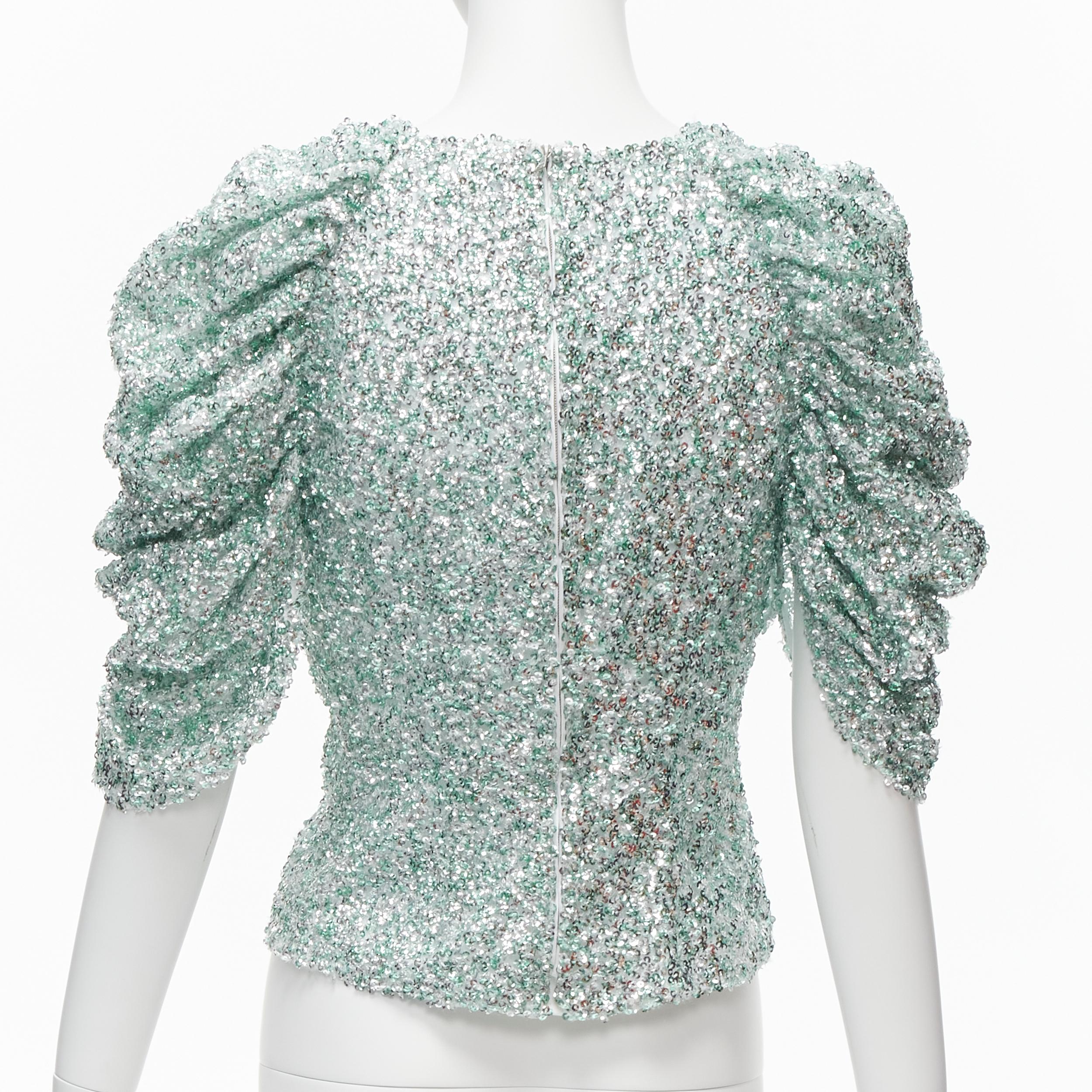 HALPERN - Haut à manches bouffantes en V profond avec sequins argentés vert écume de mer FR36 XS Pour femmes en vente