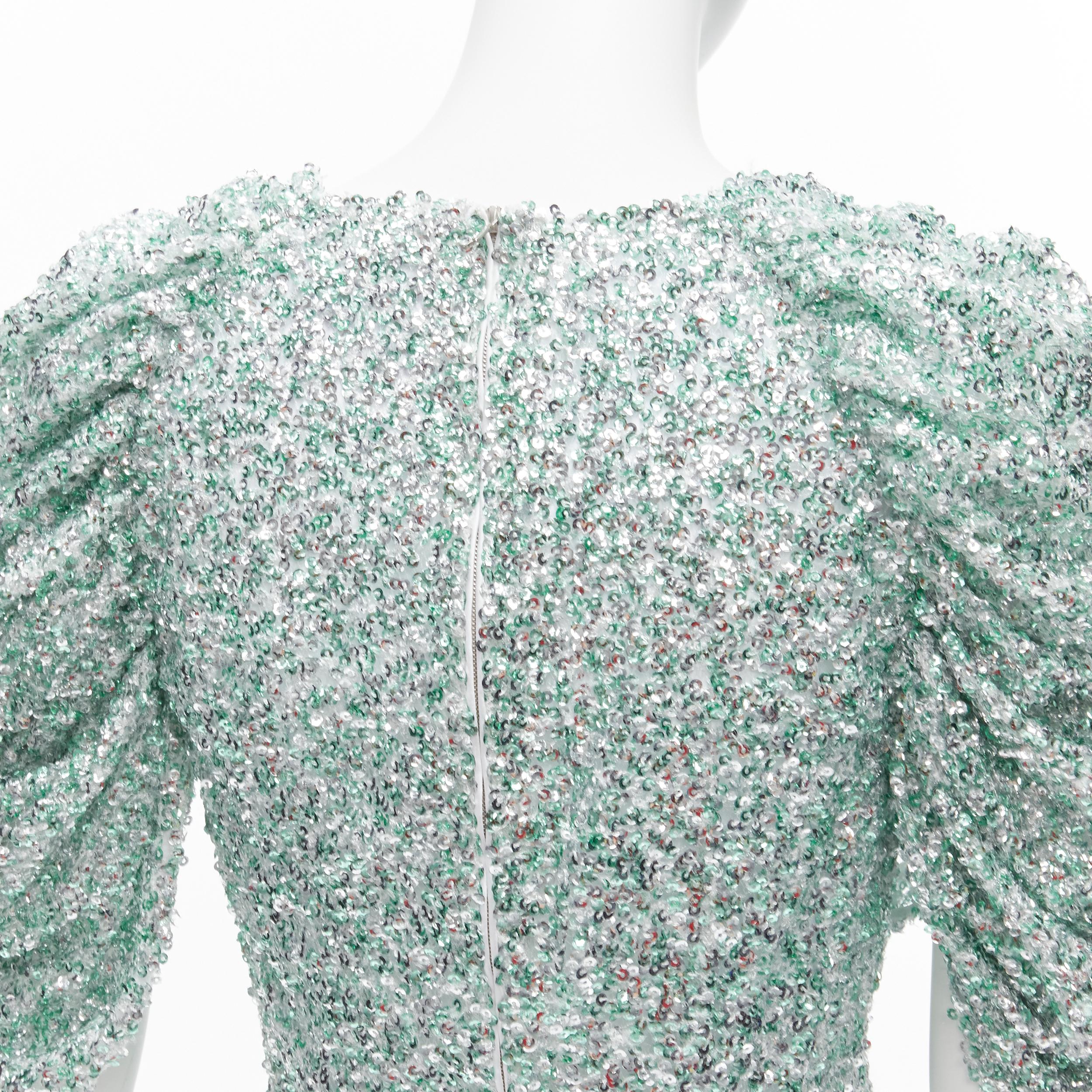 HALPERN - Haut à manches bouffantes en V profond avec sequins argentés vert écume de mer FR36 XS en vente 3
