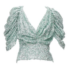 HALPERN seafoam green silver sequins deep V puff sleeves top FR36 XS