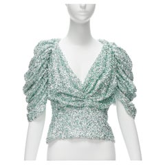 HALPERN seafoam green silver sequins deep V puff sleeves top FR36 XS