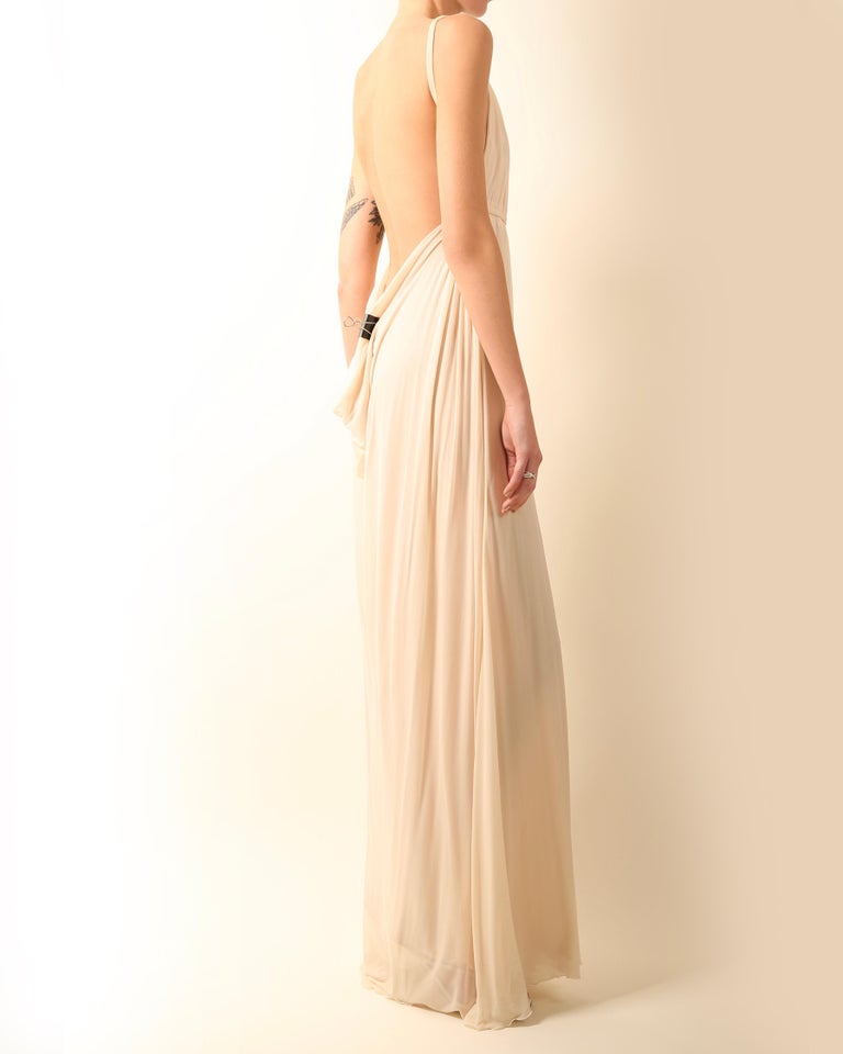 Halston 09 ivory cream plisse grecian style backless wedding maxi dress  gown 42 For Sale at 1stDibs