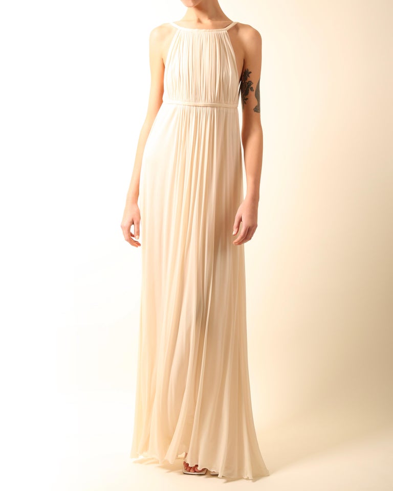 Halston 09 ivory cream plisse grecian style backless wedding maxi dress ...