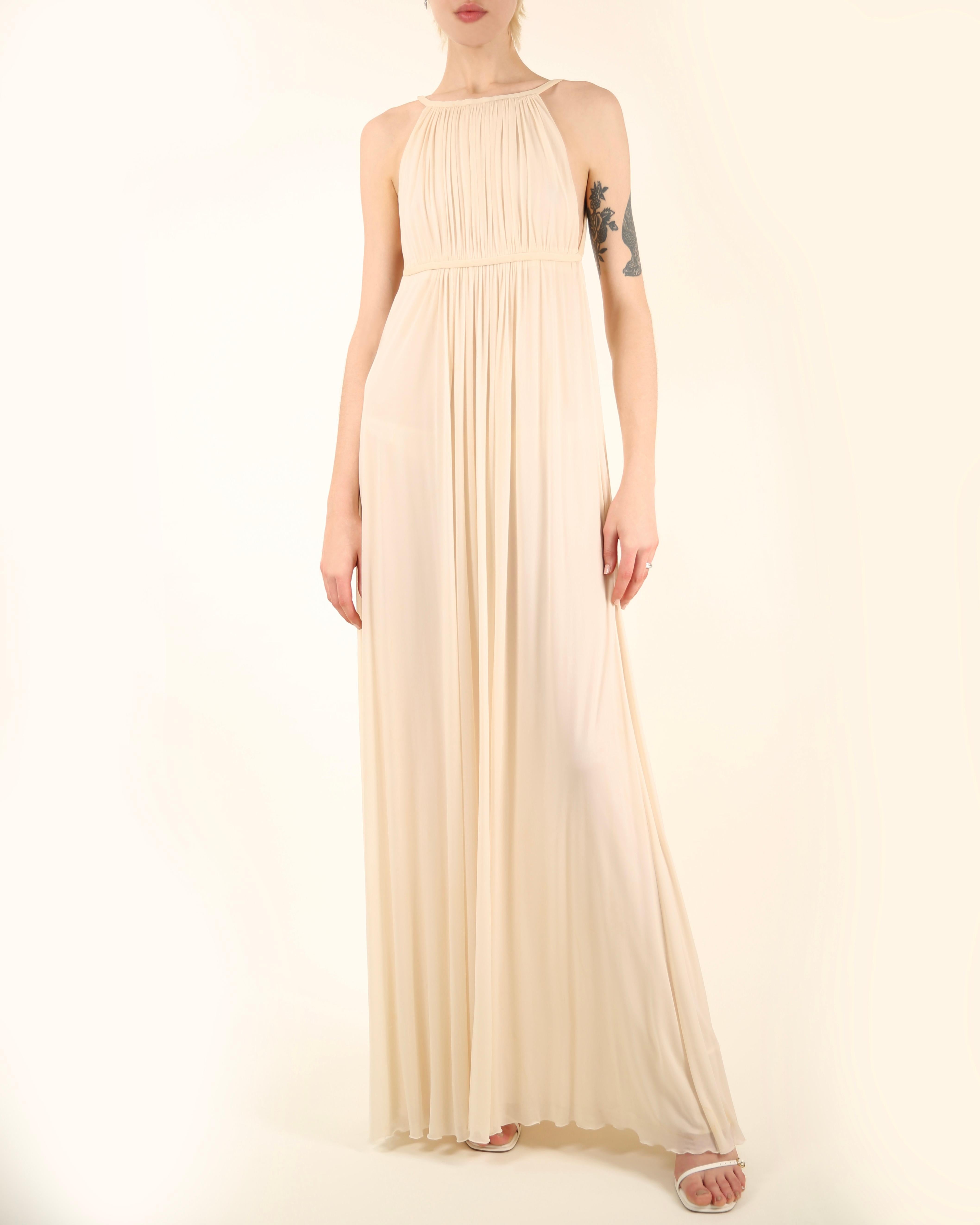 Halston 09 ivory cream plisse grecian style backless wedding maxi dress gown 42 In Fair Condition For Sale In Paris, FR
