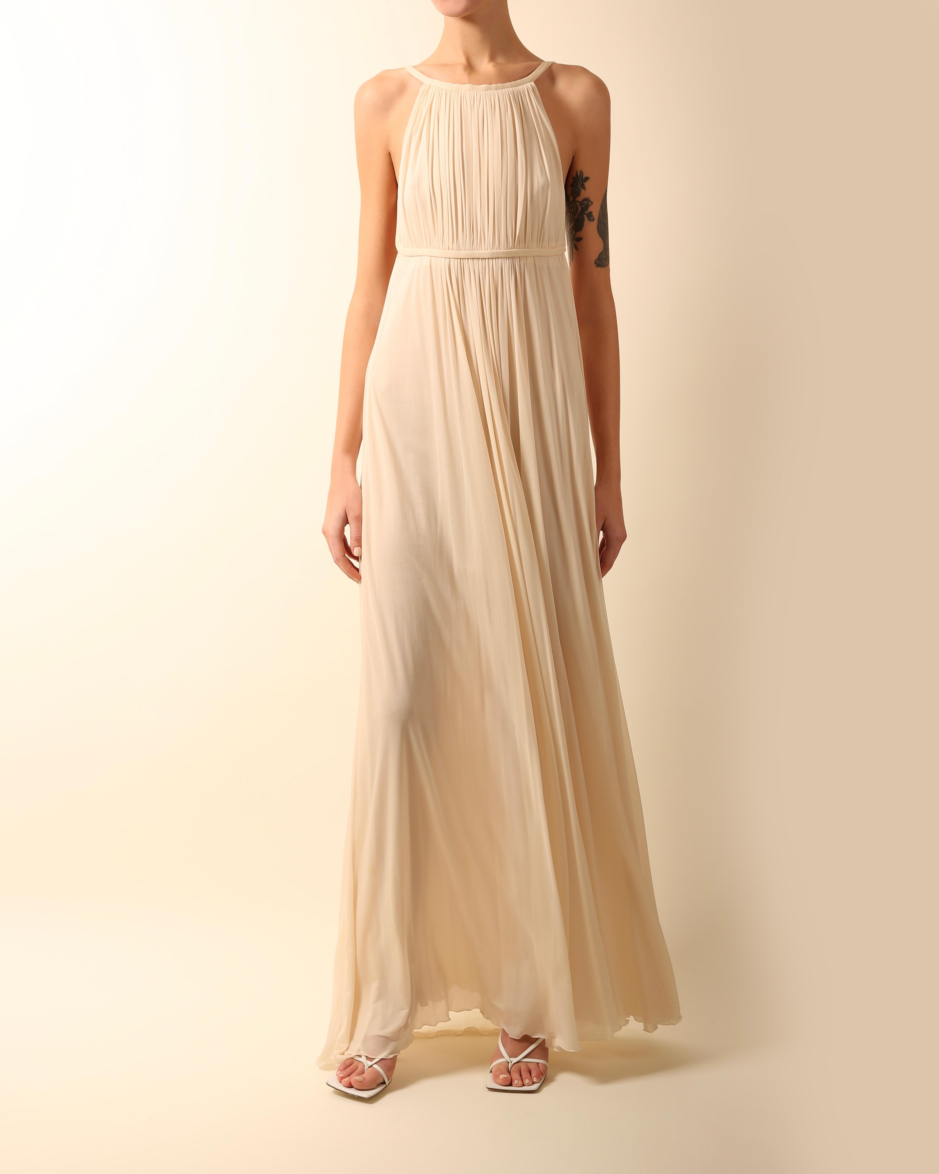 Robe de mariée longue dos nu Halston 09 plissée crème ivoire de style grec, taille 42 1