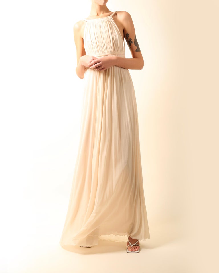 Halston 09 ivory cream plisse grecian style backless wedding maxi dress ...