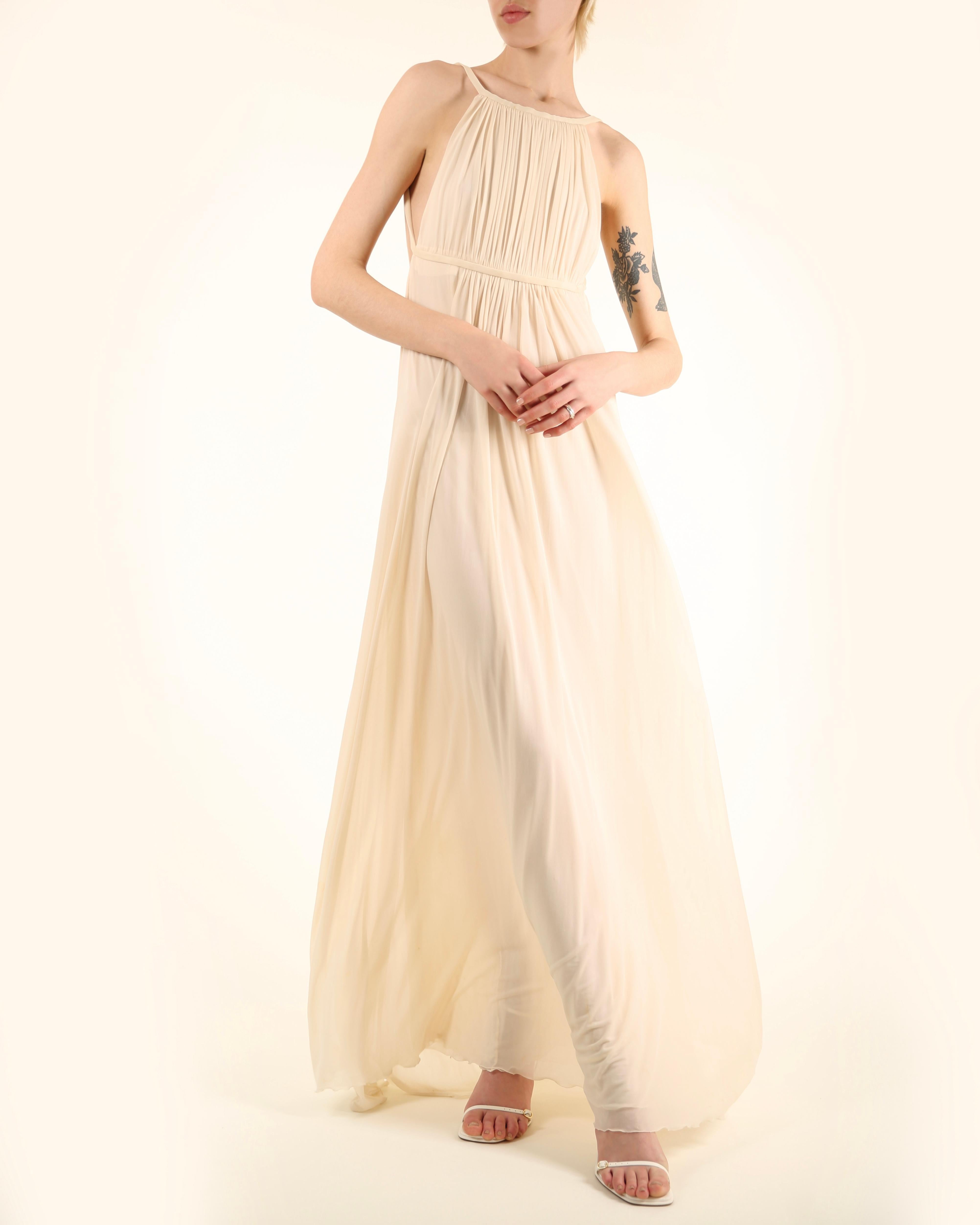 Halston 09 ivory cream plisse grecian style backless wedding maxi dress gown 42 For Sale 4