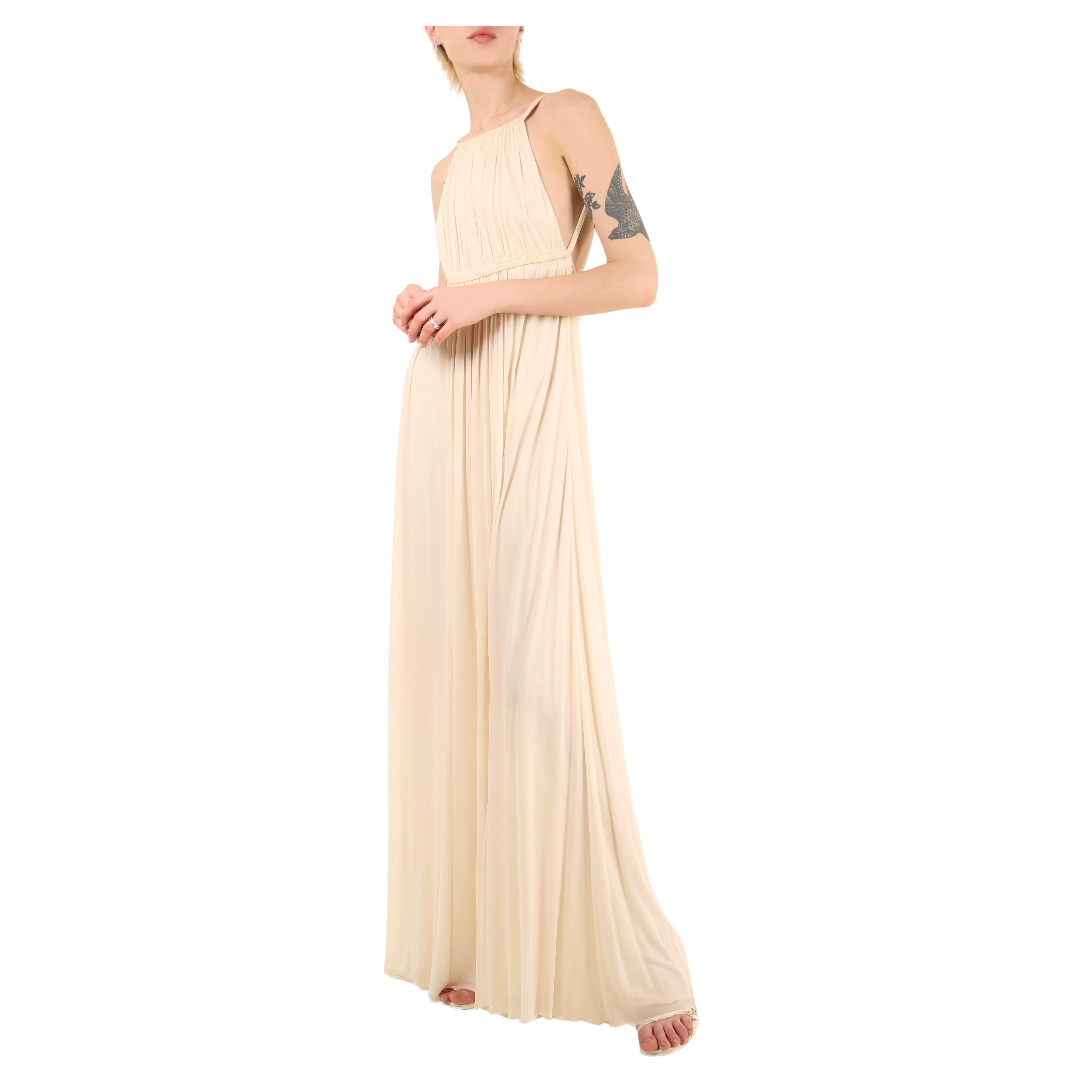 Halston 09 ivory cream plisse grecian style backless wedding maxi dress gown 42 For Sale