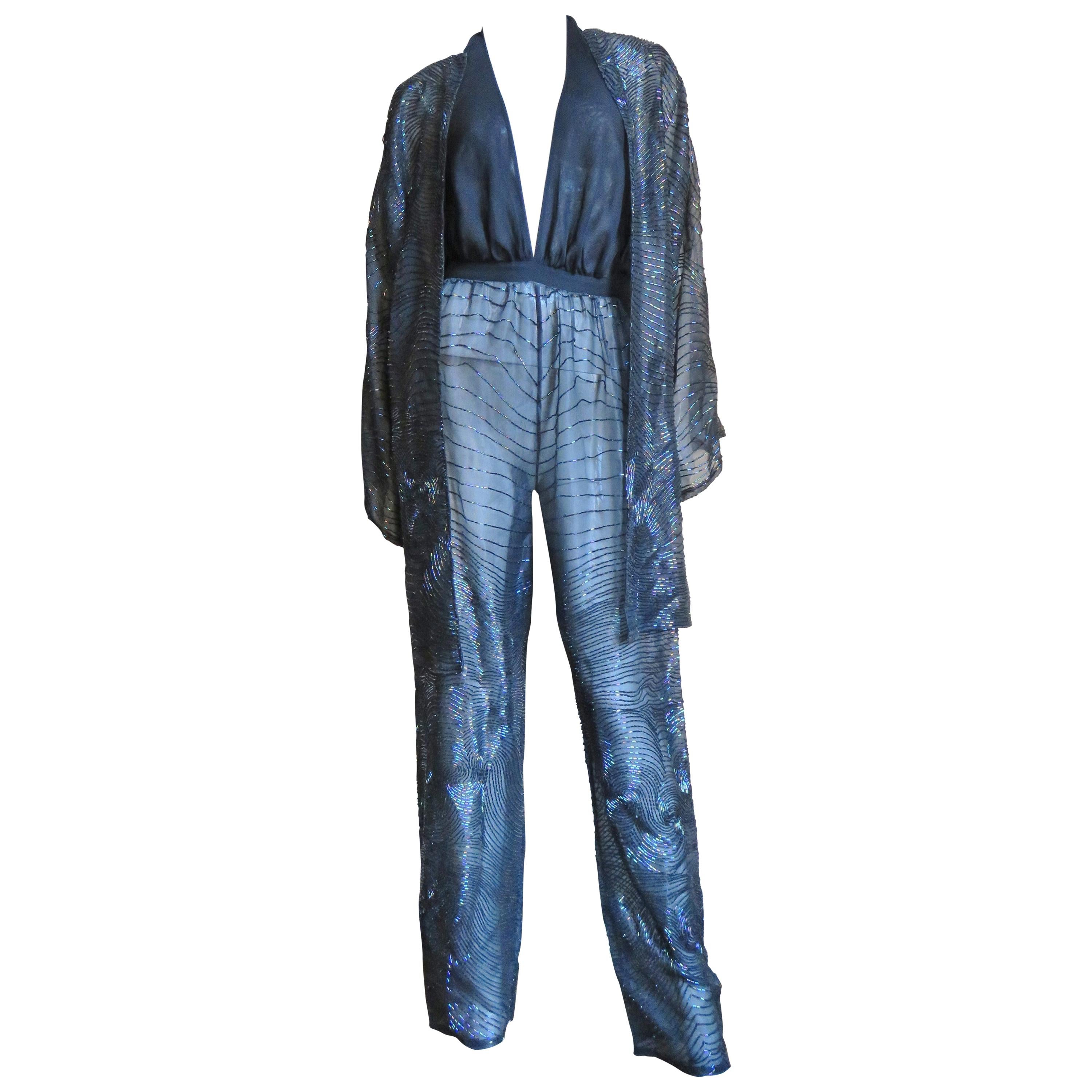 Halston 1970s Beaded Halter Jumpsuit and Kimono Jacket 